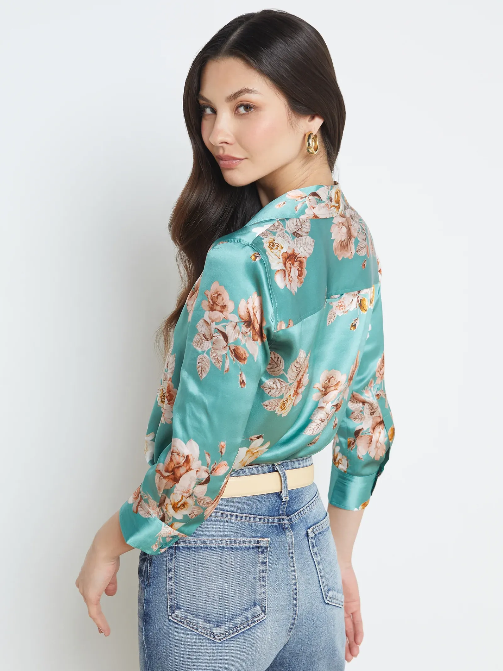 L'AGENCE Print Edition|Silks|Dani Silk Blouse Green Jasper Multi Tonal Rose Floral