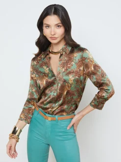 L'AGENCE Resort Collection|Print Edition|Dani Silk Blouse Olive Multi Palm Leopard