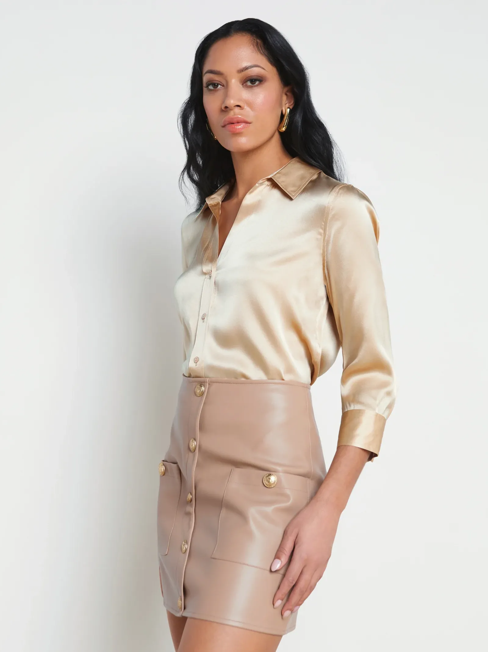 L'AGENCE Spring '24 Catalog|Spring Collection|Dani Silk Blouse Toasted Almond