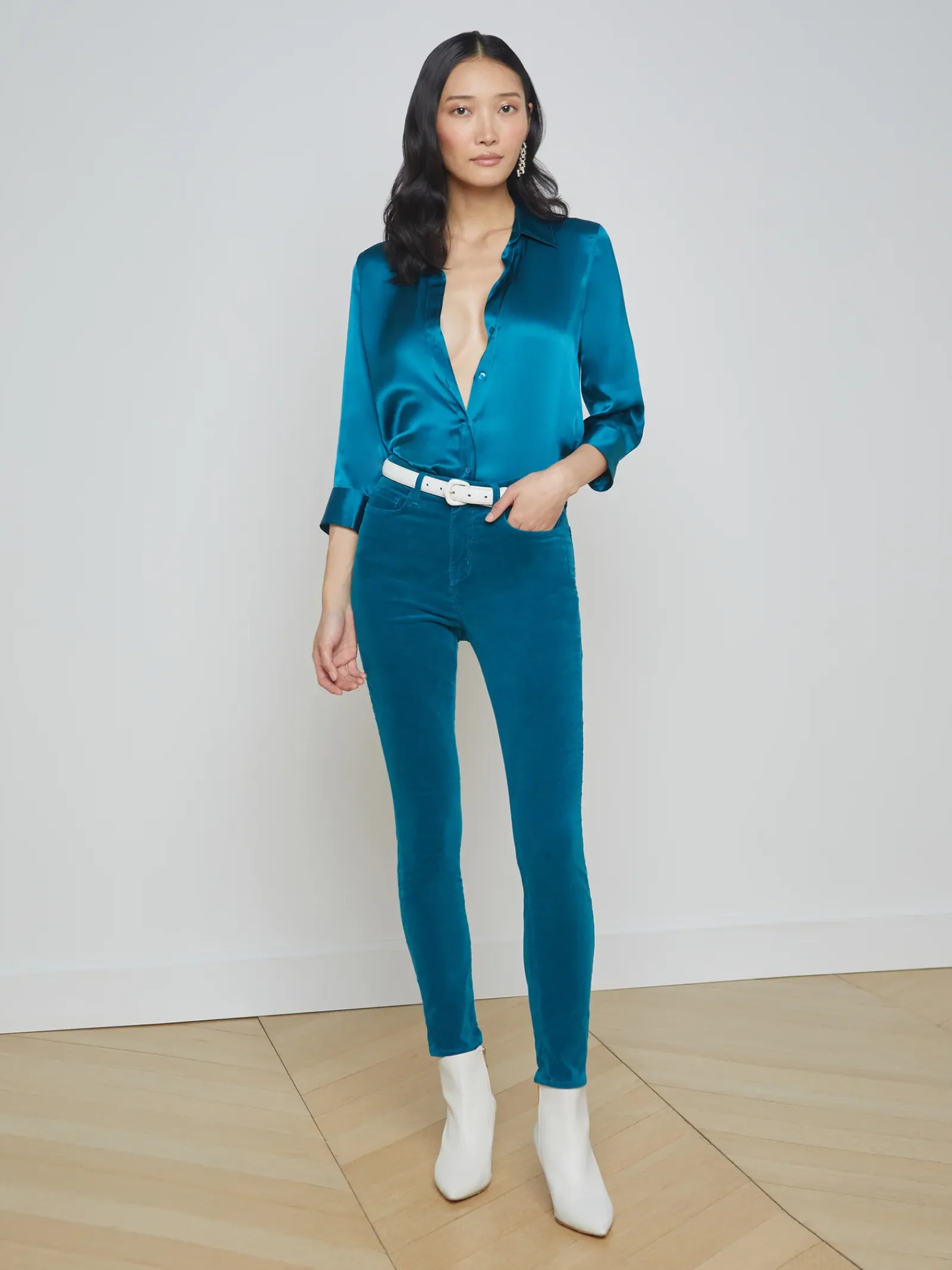 L'AGENCE Online Exclusives|Silks|Dani Silk Blouse Deep Lagoon