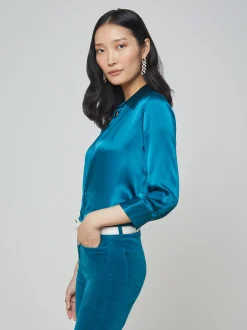 L'AGENCE Online Exclusives|Silks|Dani Silk Blouse Deep Lagoon