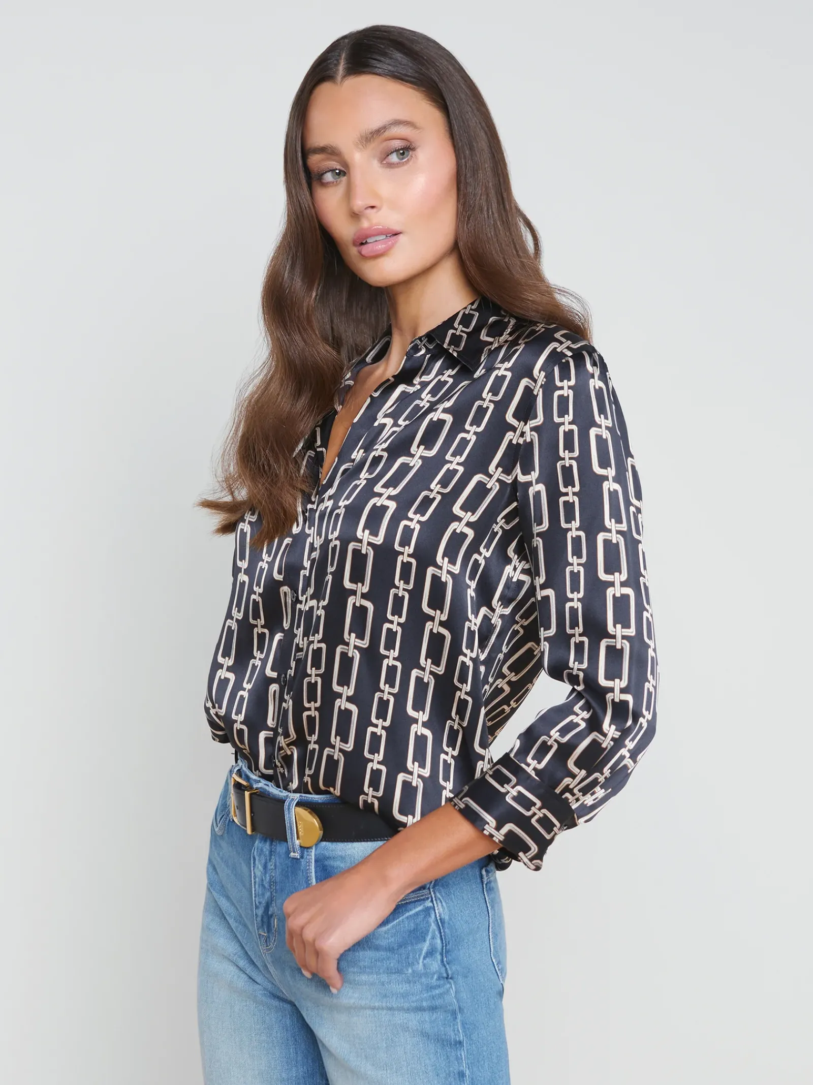 L'AGENCE Print Edition|Spring Collection|Dani Silk Blouse Black Multi Geo Chain