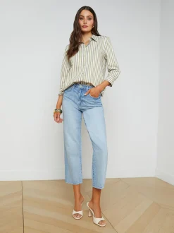 L'AGENCE Spring Collection|Blouses & Tops|Daniella Cotton-Blend Blouse Dried Herb/White Stripe