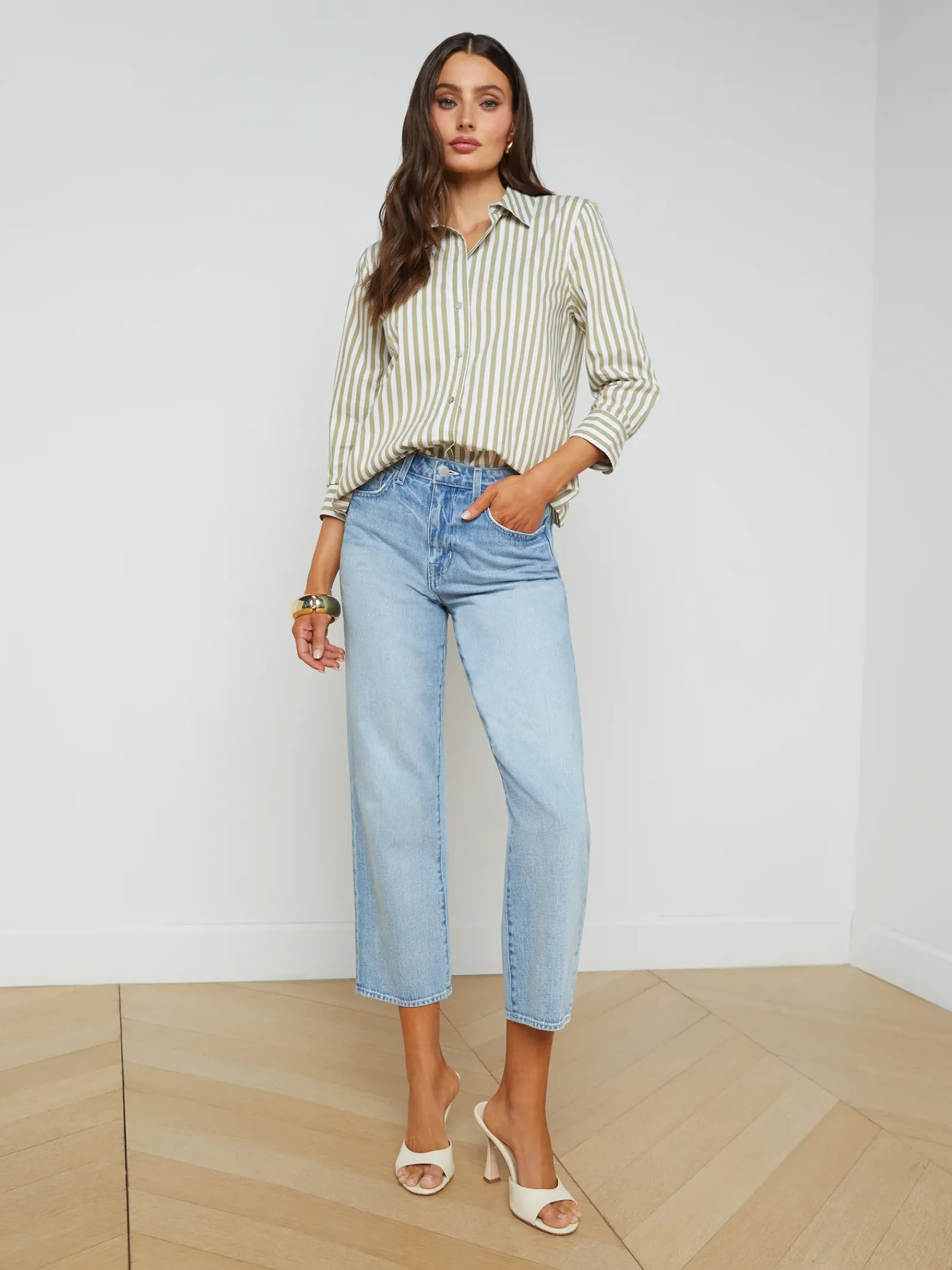 L'AGENCE Spring Collection|Blouses & Tops|Daniella Cotton-Blend Blouse Dried Herb/White Stripe