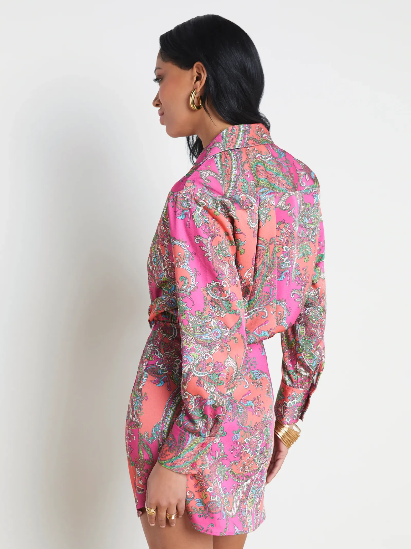 L'AGENCE Print Edition|Spring Collection|Demetria Mini Shirt Dress Rhodamine Multi Bright Pop Paisley