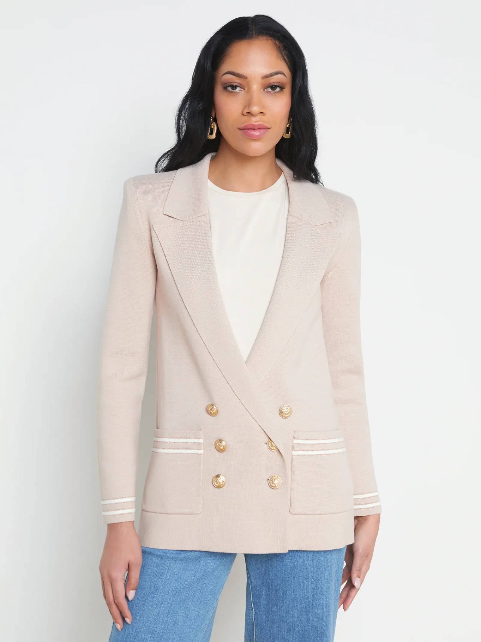 L'AGENCE Spring Collection|Best Sellers|Eileen Knit Boyfriend Blazer Ash Rose with Ivory/Gold Stripe