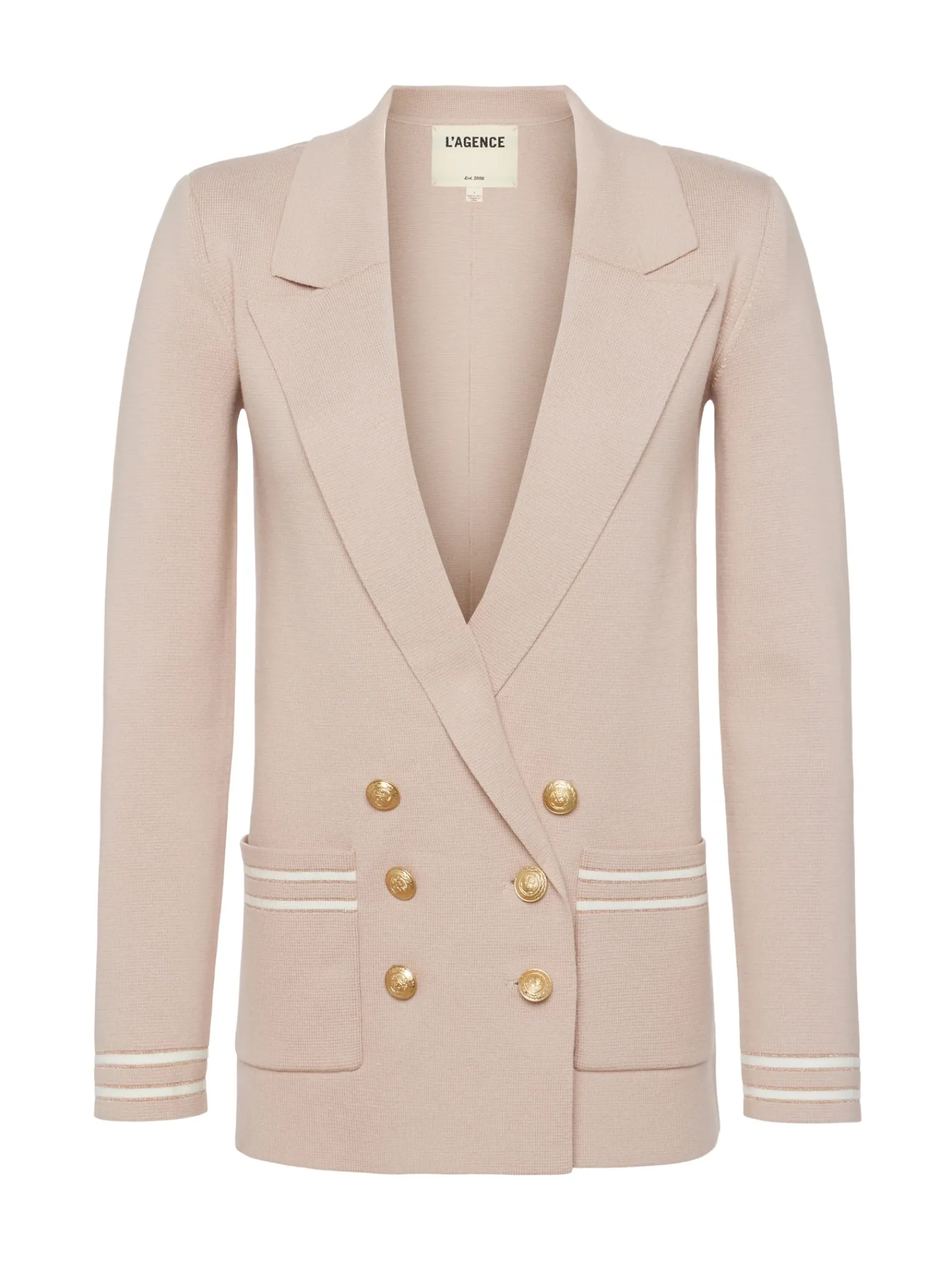 L'AGENCE Spring Collection|Best Sellers|Eileen Knit Boyfriend Blazer Ash Rose with Ivory/Gold Stripe