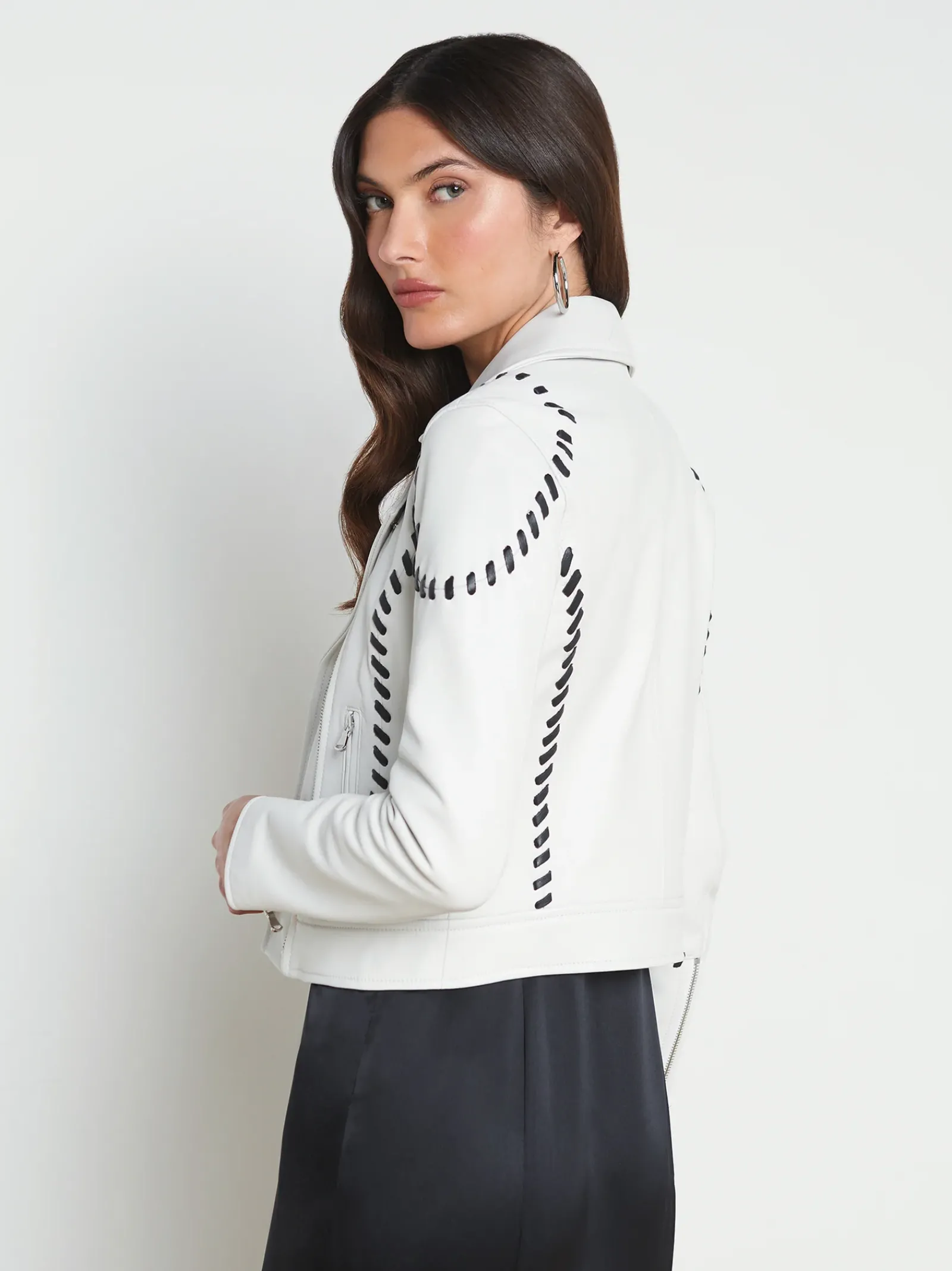 L'AGENCE Spring Collection|Leather|Eleana Whipstitch Leather Jacket Ivory/Black