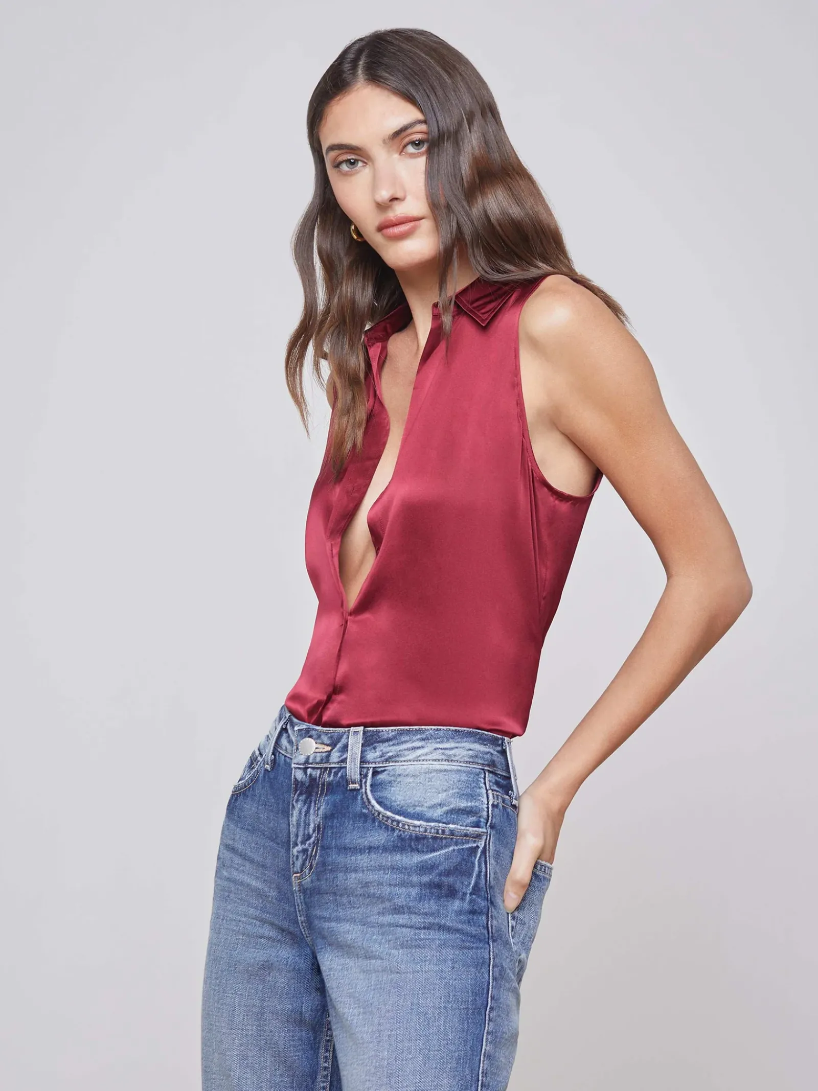 L'AGENCE Online Exclusives|Silks|Emmy Sleeveless Silk Blouse Dark Bordeaux