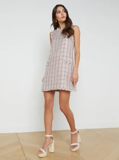 L'AGENCE Spring '24 Catalog|Spring Collection|Florian Tweed Shirtdress Tan/Dusty Pink/Blue