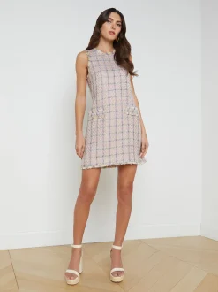 L'AGENCE Spring '24 Catalog|Spring Collection|Florian Tweed Shirtdress Tan/Dusty Pink/Blue