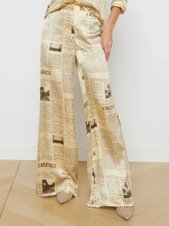 L'AGENCE Print Edition|Silks|Gavin Silk Wide-Leg Pant Vintage Tan Newspaper