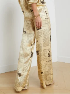 L'AGENCE Print Edition|Silks|Gavin Silk Wide-Leg Pant Vintage Tan Newspaper