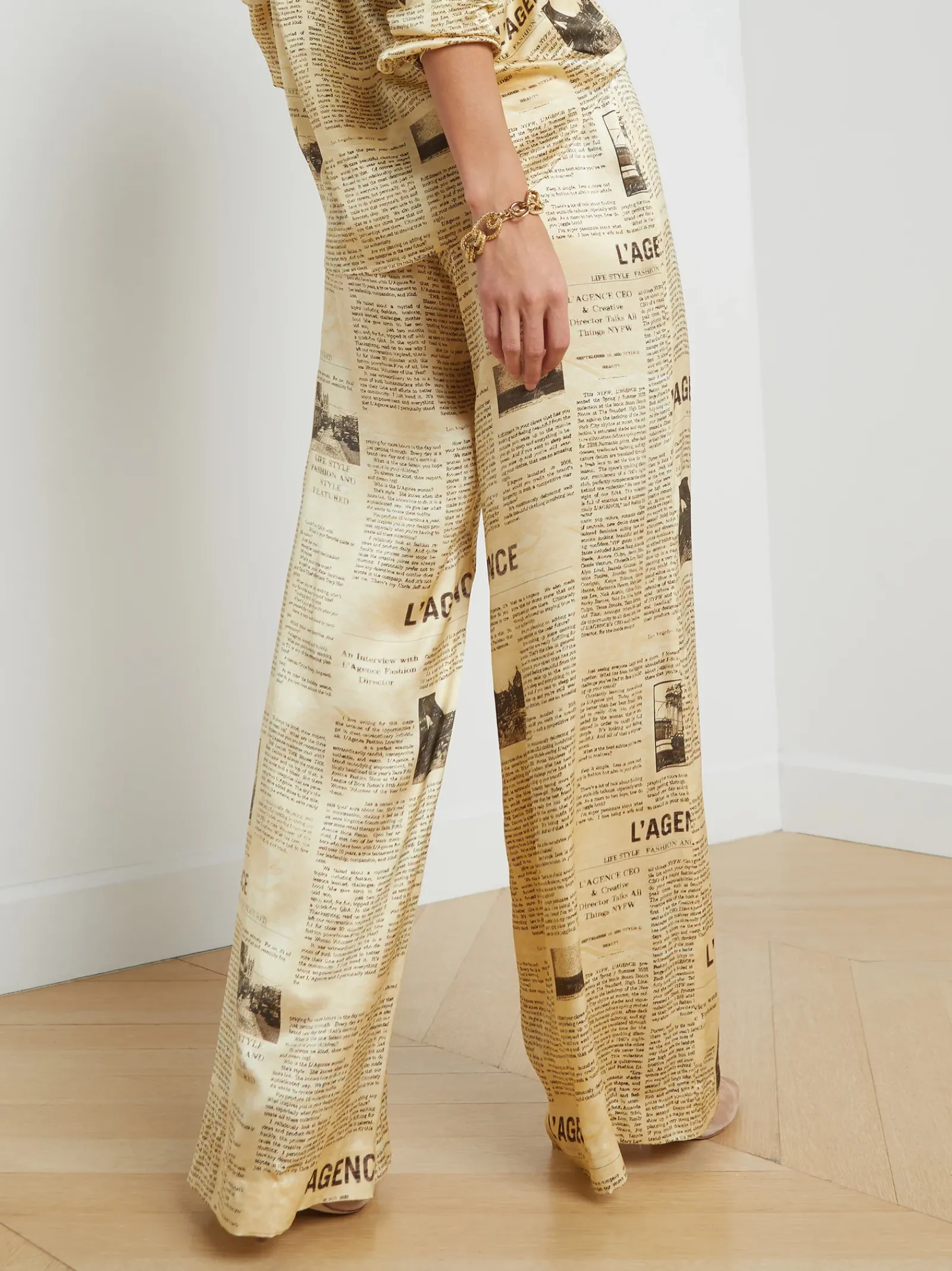 L'AGENCE Print Edition|Silks|Gavin Silk Wide-Leg Pant Vintage Tan Newspaper