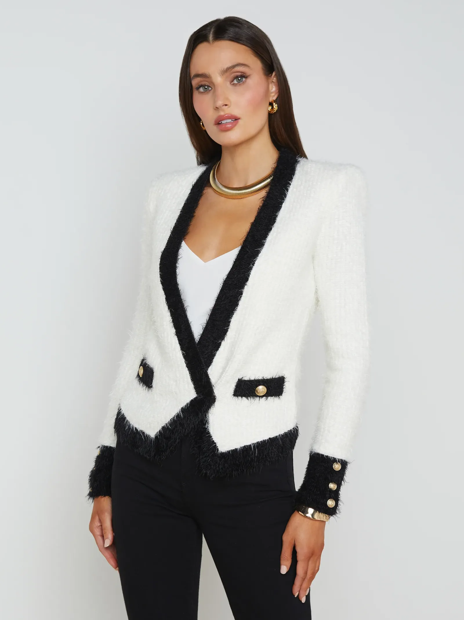 L'AGENCE Spring Collection|Maternity|Georgia Contrast Cardigan Blazer White/Black