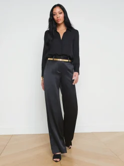 L'AGENCE All Things Black|Spring Collection|Hallie Silk-Organza Graphic Blouse Black French Words