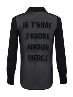 L'AGENCE All Things Black|Spring Collection|Hallie Silk-Organza Graphic Blouse Black French Words