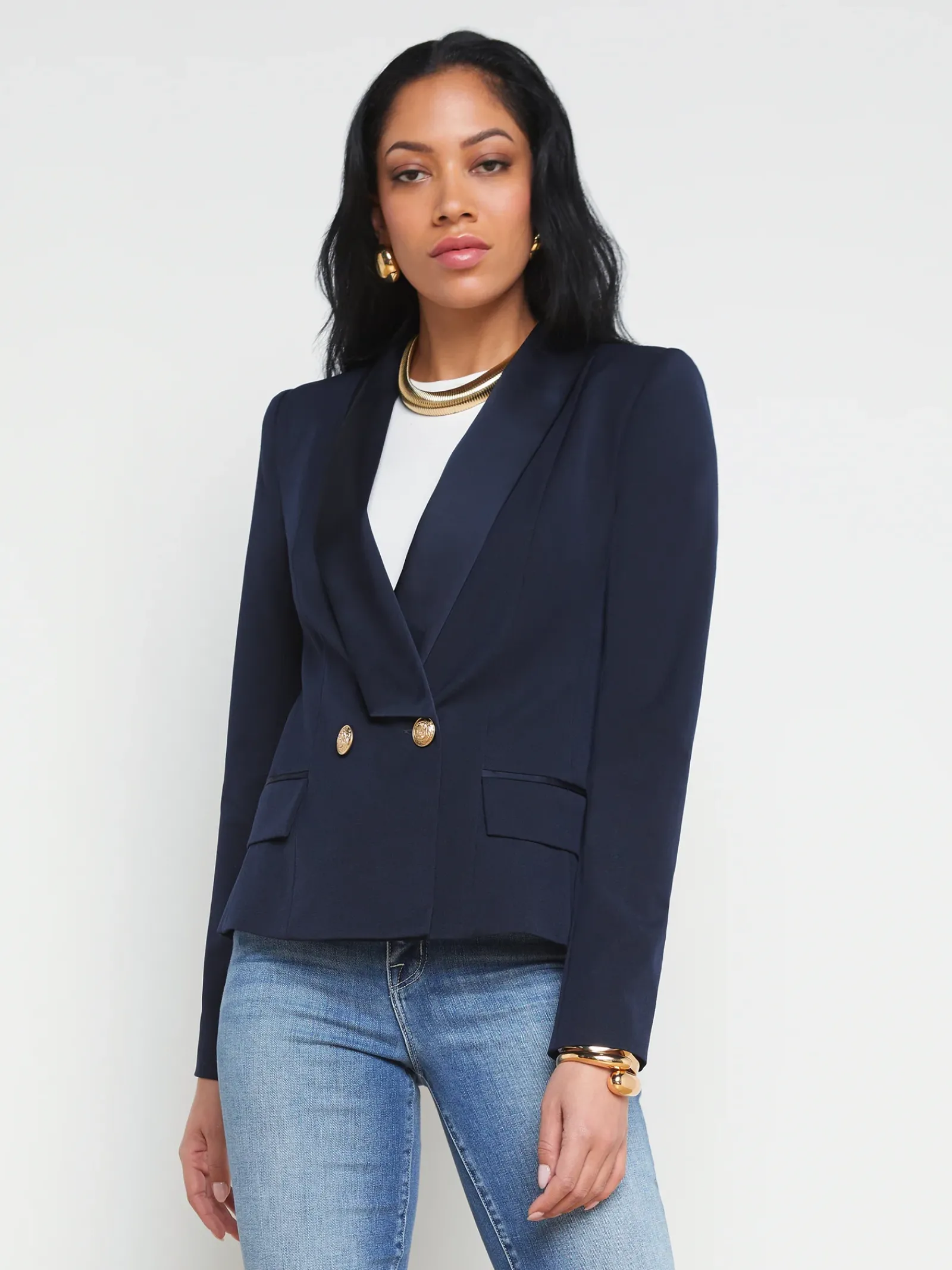 L'AGENCE Spring Collection|Best Sellers|Imogen Satin Lapel Blazer Midnight