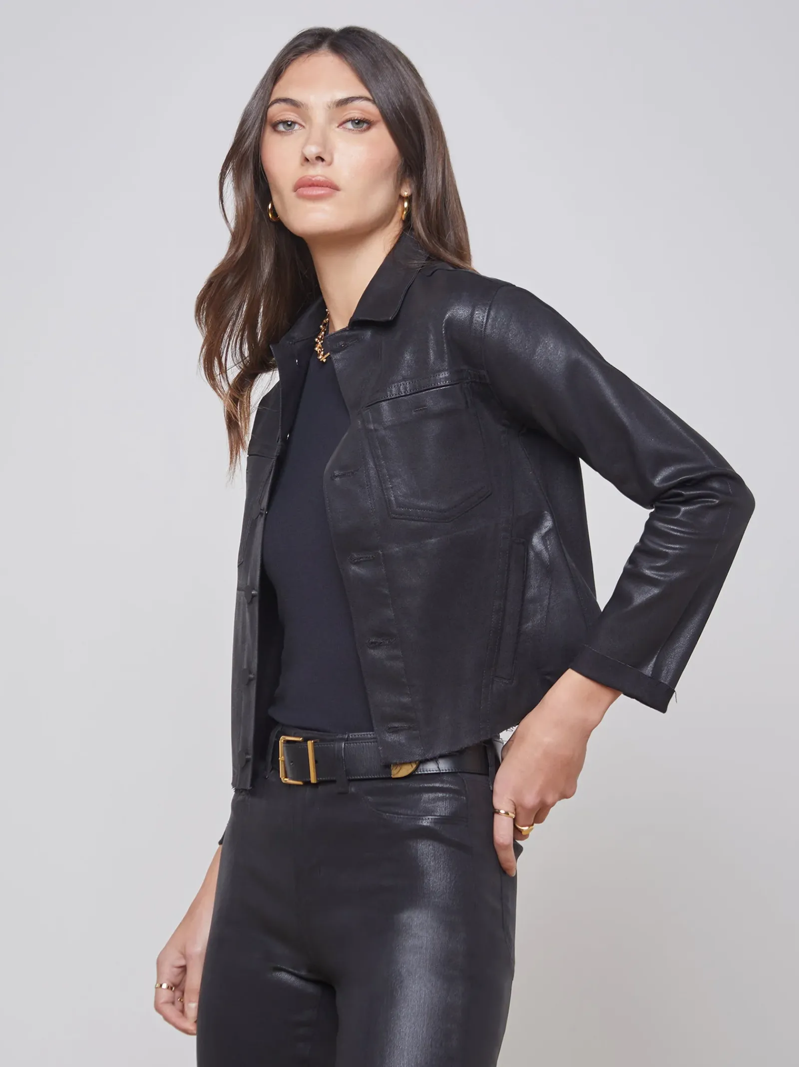 L'AGENCE All Things Black|Back in Stock|Janelle Coated Jacket Saturated Black Coated