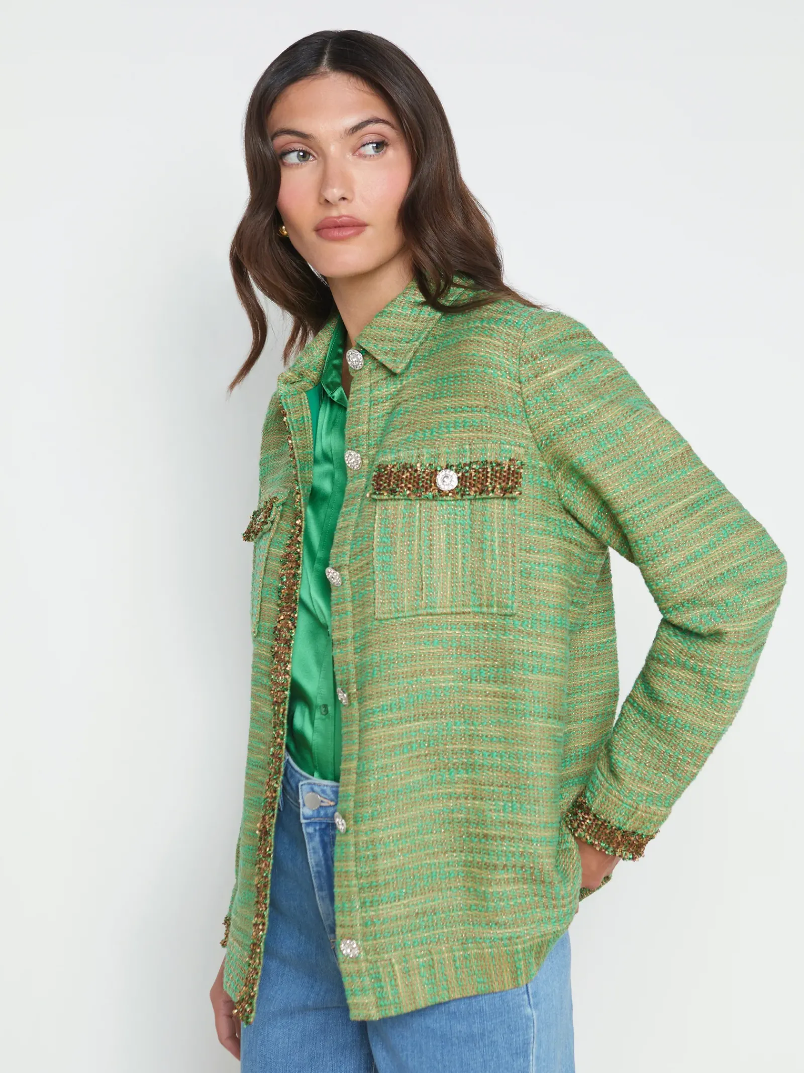 L'AGENCE Spring Collection|Best Sellers|Jeanine Tweed Shirt Jacket Fern Multi Tweed