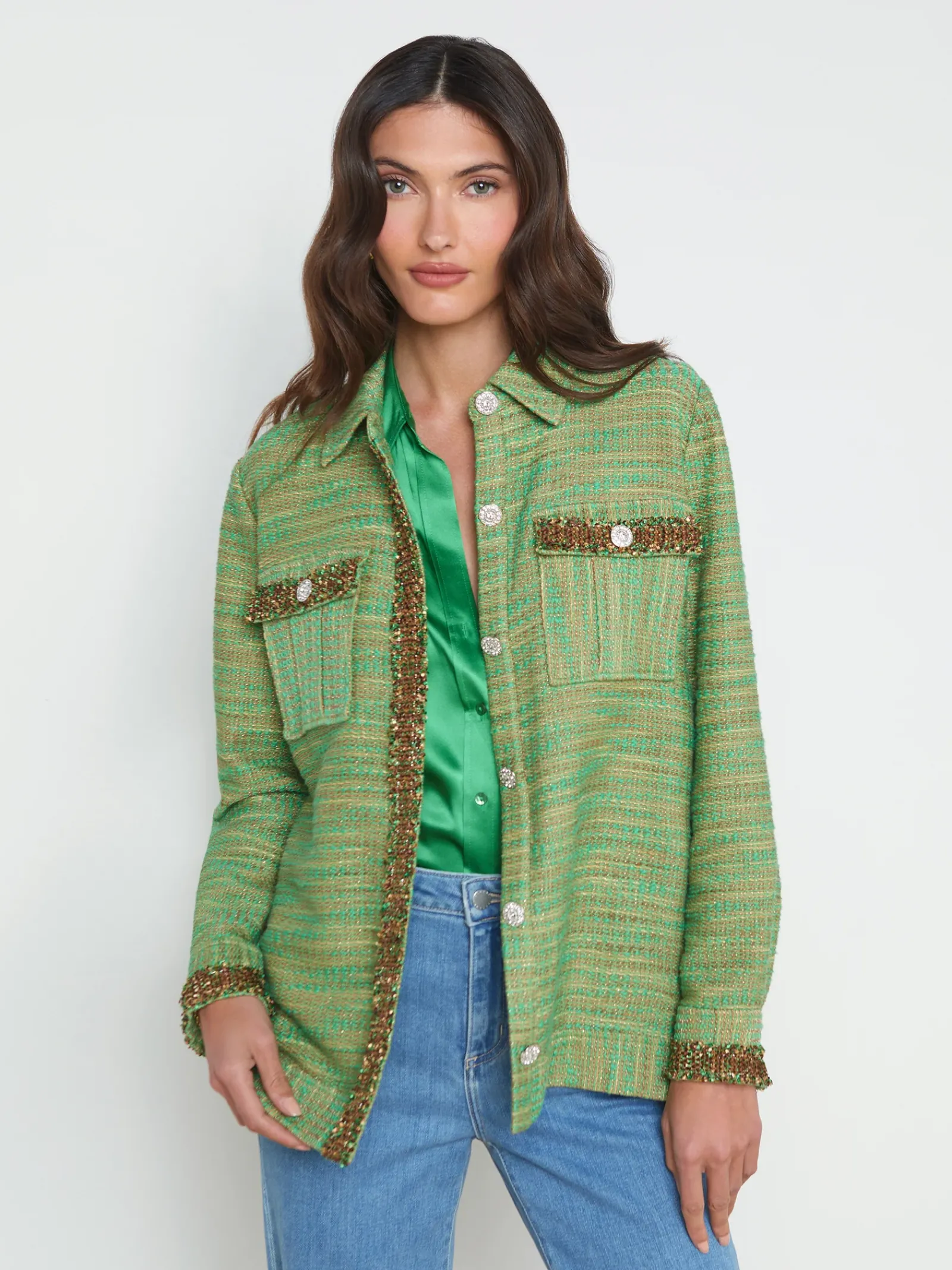 L'AGENCE Spring Collection|Best Sellers|Jeanine Tweed Shirt Jacket Fern Multi Tweed