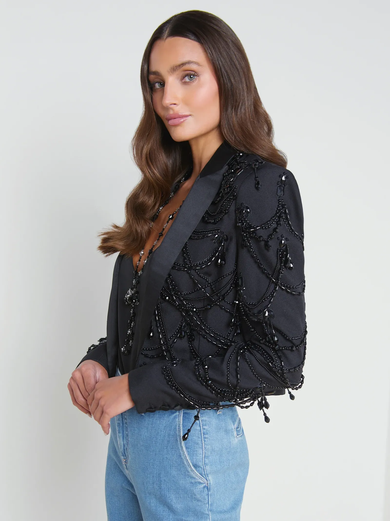 L'AGENCE All Things Black|Spring Collection|Jen Beaded Cropped Blazer Black