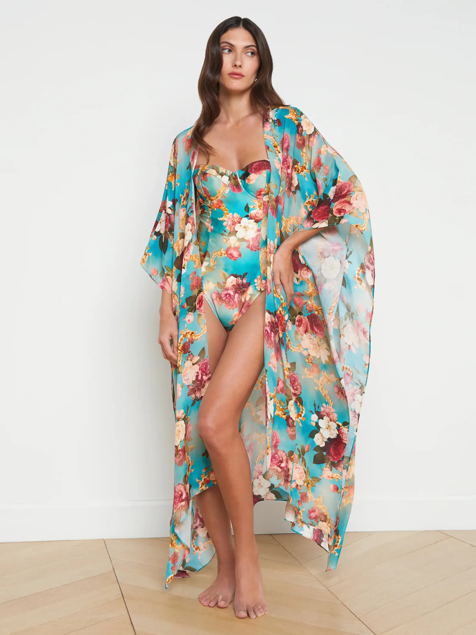 L'AGENCE Spring '24 Catalog|Spring Collection|Kara Silk-Blend Kimono Cover-up Multi Floral