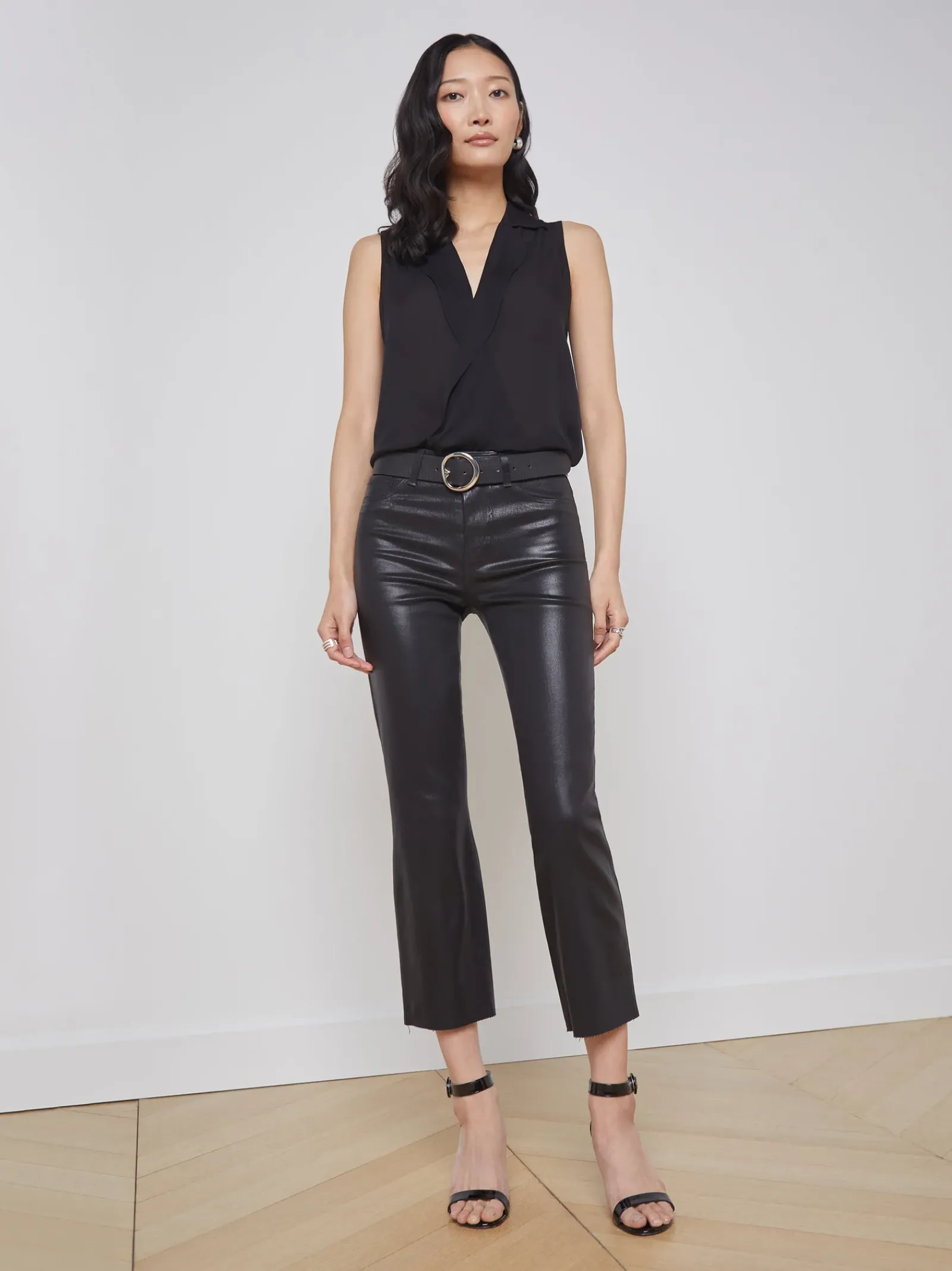 L'AGENCE All Things Black|Back in Stock|Kendra Coated Cropped Flare Jean Noir Coated
