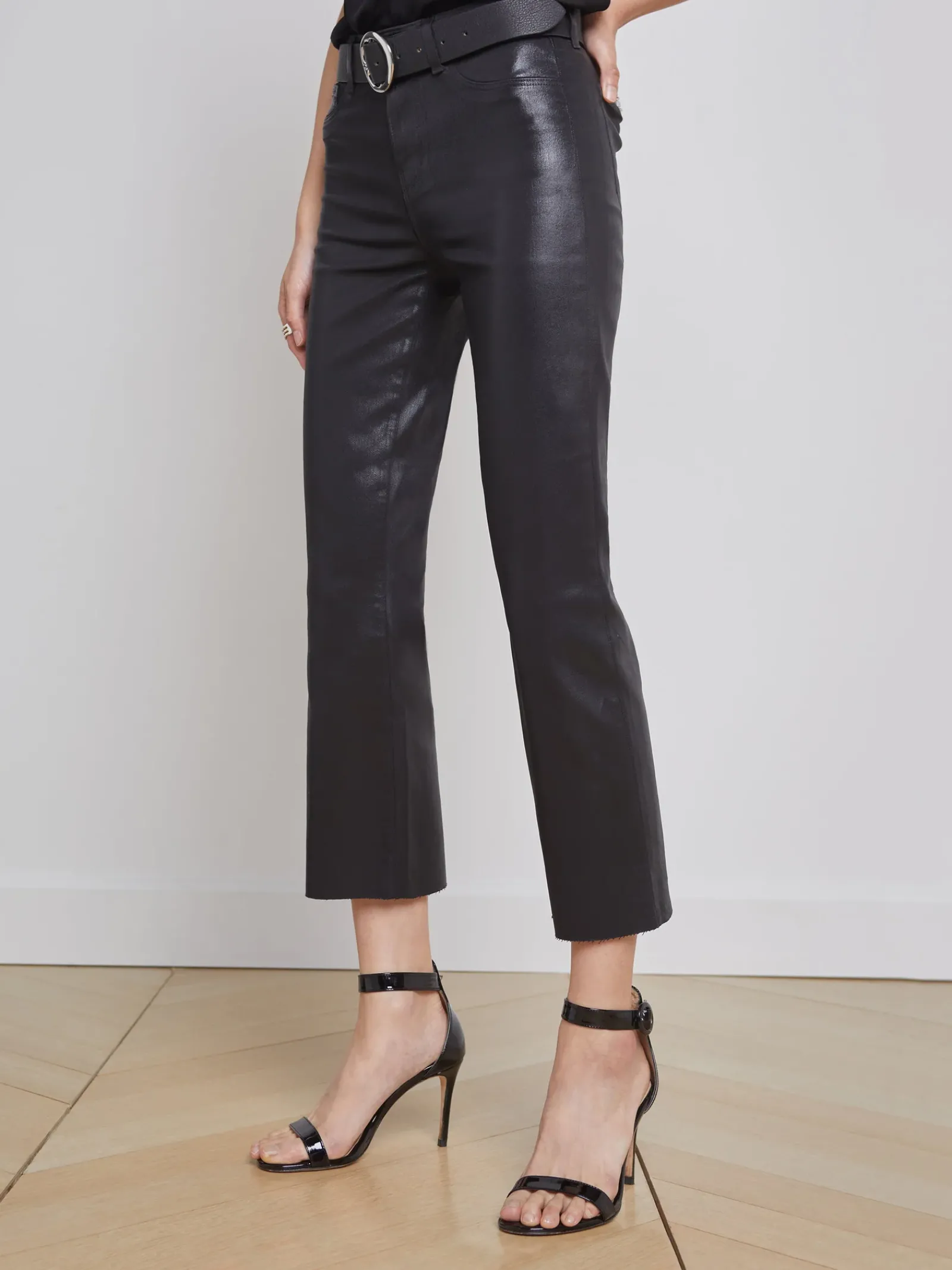 L'AGENCE All Things Black|Back in Stock|Kendra Coated Cropped Flare Jean Noir Coated