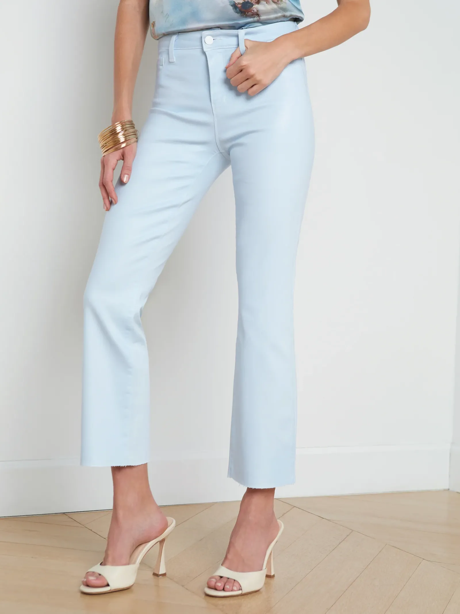 L'AGENCE Spring Collection|Petite|Kendra Coated Cropped Flare Jean Ice Water/White Contrast Coated