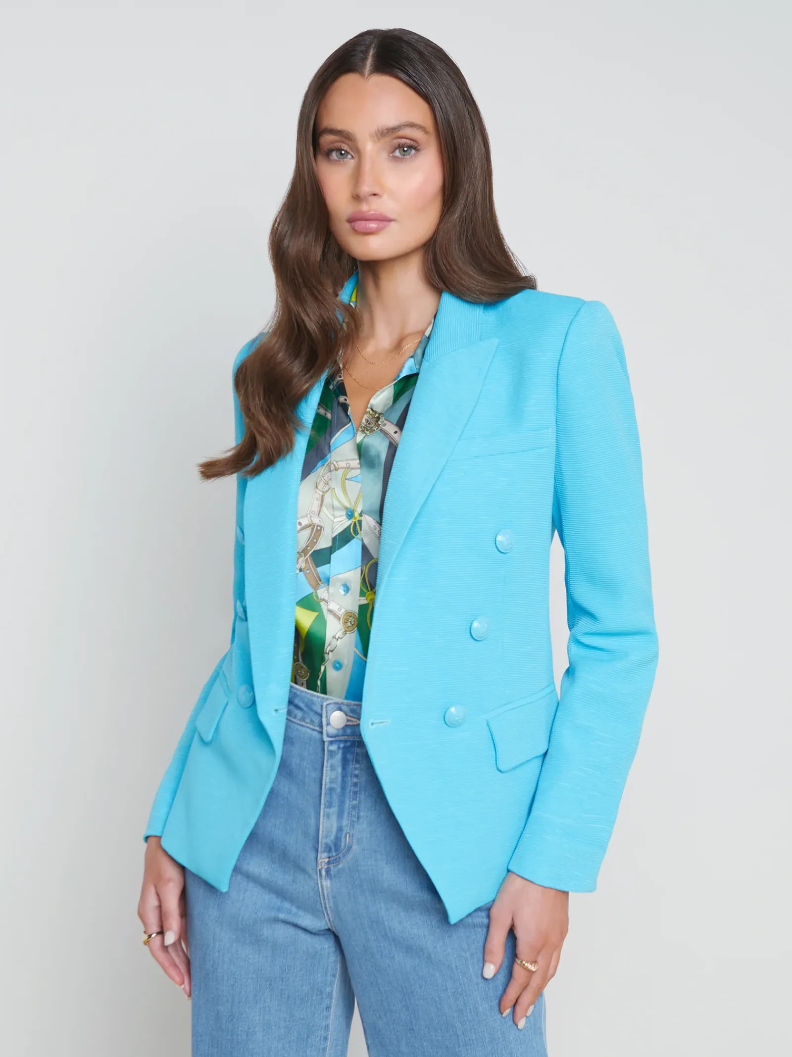 L'AGENCE Spring Collection|Blazers & Jackets|Kenzie Cotton-Blend Blazer Blue Atoll/Multi Belt
