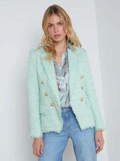L'AGENCE Spring '24 Catalog|Spring Collection|Kenzie Fringe-Trim Blazer Honeydew/Belt Stripe