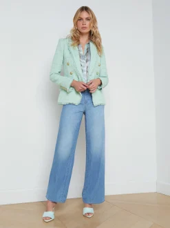 L'AGENCE Spring '24 Catalog|Spring Collection|Kenzie Fringe-Trim Blazer Honeydew/Belt Stripe