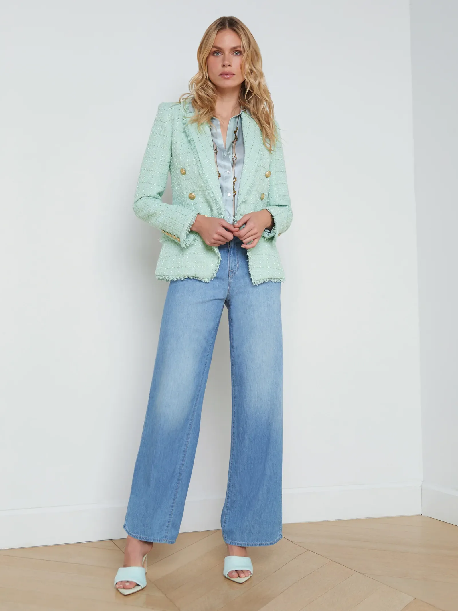 L'AGENCE Spring '24 Catalog|Spring Collection|Kenzie Fringe-Trim Blazer Honeydew/Belt Stripe