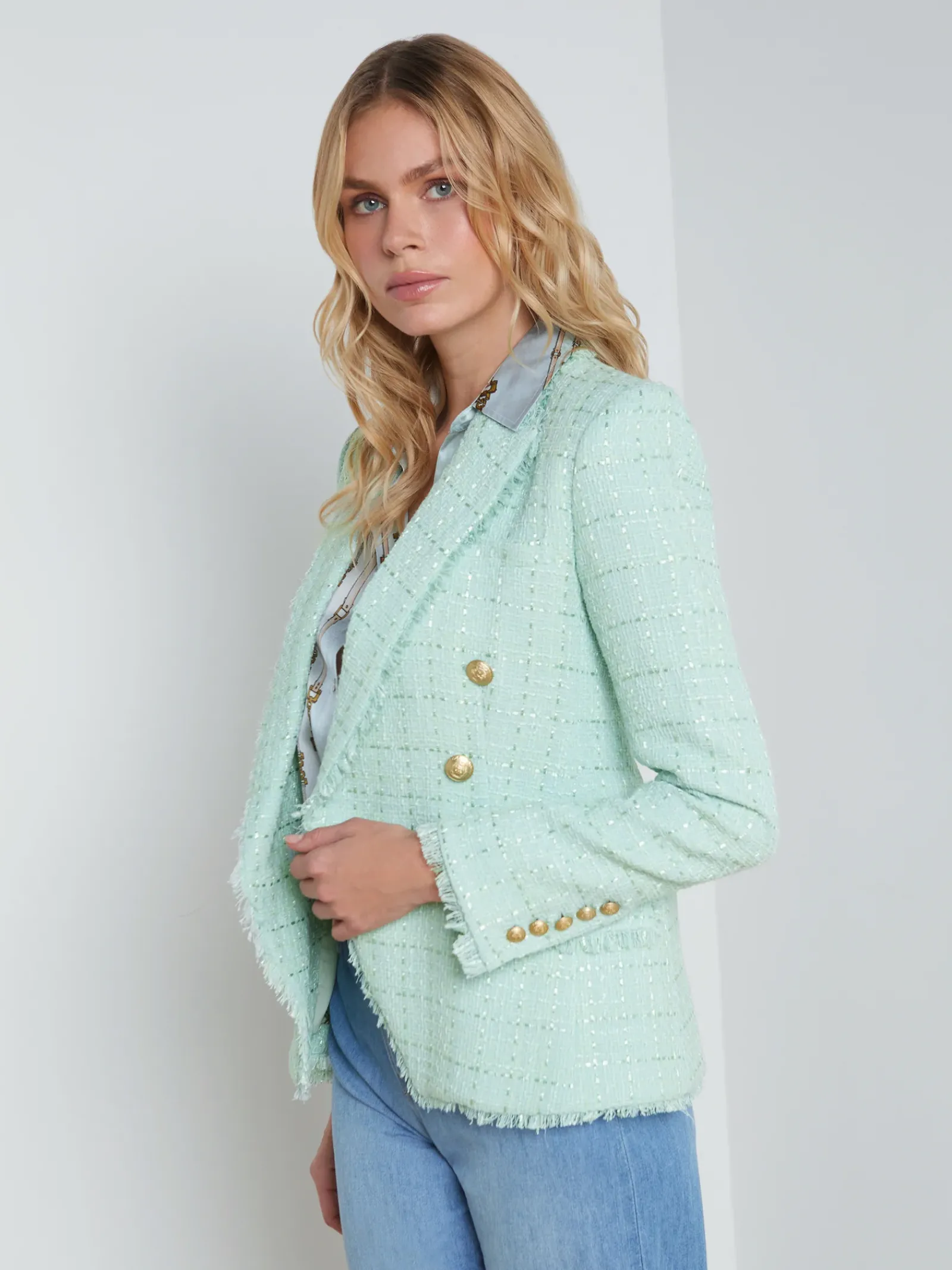 L'AGENCE Spring '24 Catalog|Spring Collection|Kenzie Fringe-Trim Blazer Honeydew/Belt Stripe