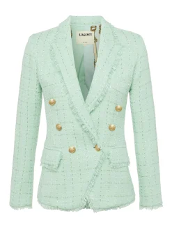 L'AGENCE Spring '24 Catalog|Spring Collection|Kenzie Fringe-Trim Blazer Honeydew/Belt Stripe