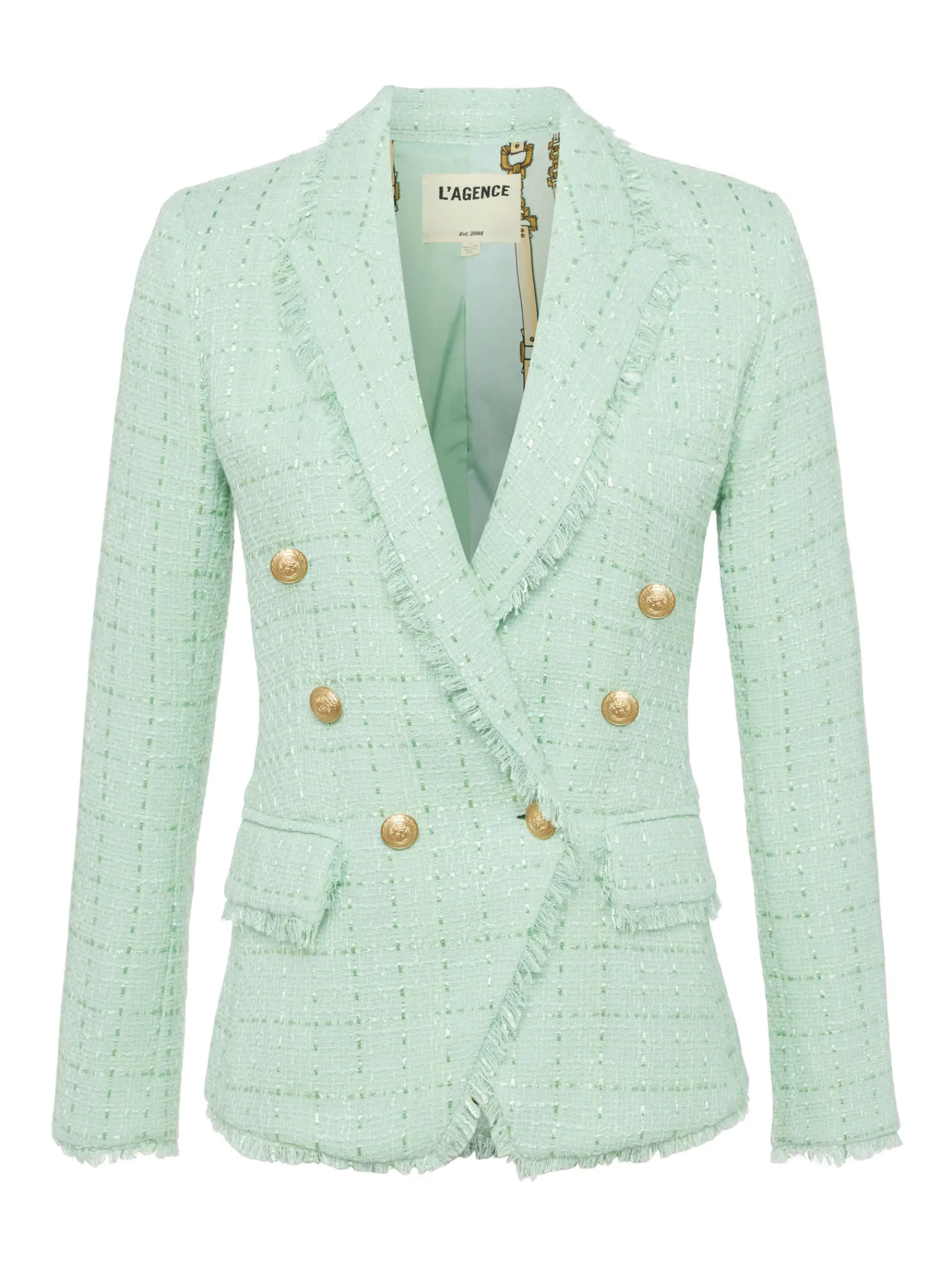 L'AGENCE Spring '24 Catalog|Spring Collection|Kenzie Fringe-Trim Blazer Honeydew/Belt Stripe