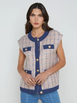 L'AGENCE Spring '24 Catalog|Spring Collection|Laurel Tweed Oversized Vest Tan/Dusty Pink/Blue
