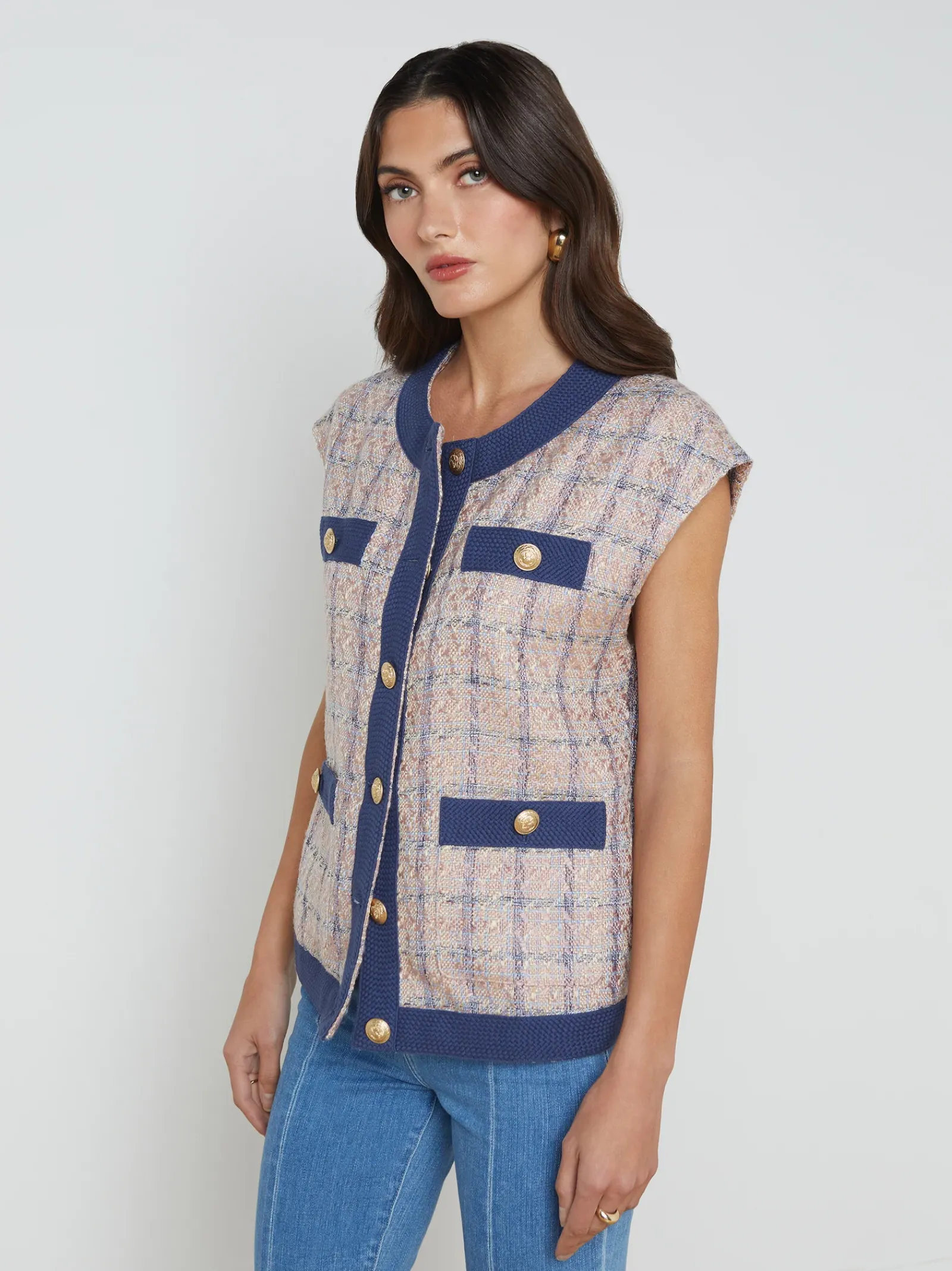 L'AGENCE Spring '24 Catalog|Spring Collection|Laurel Tweed Oversized Vest Tan/Dusty Pink/Blue
