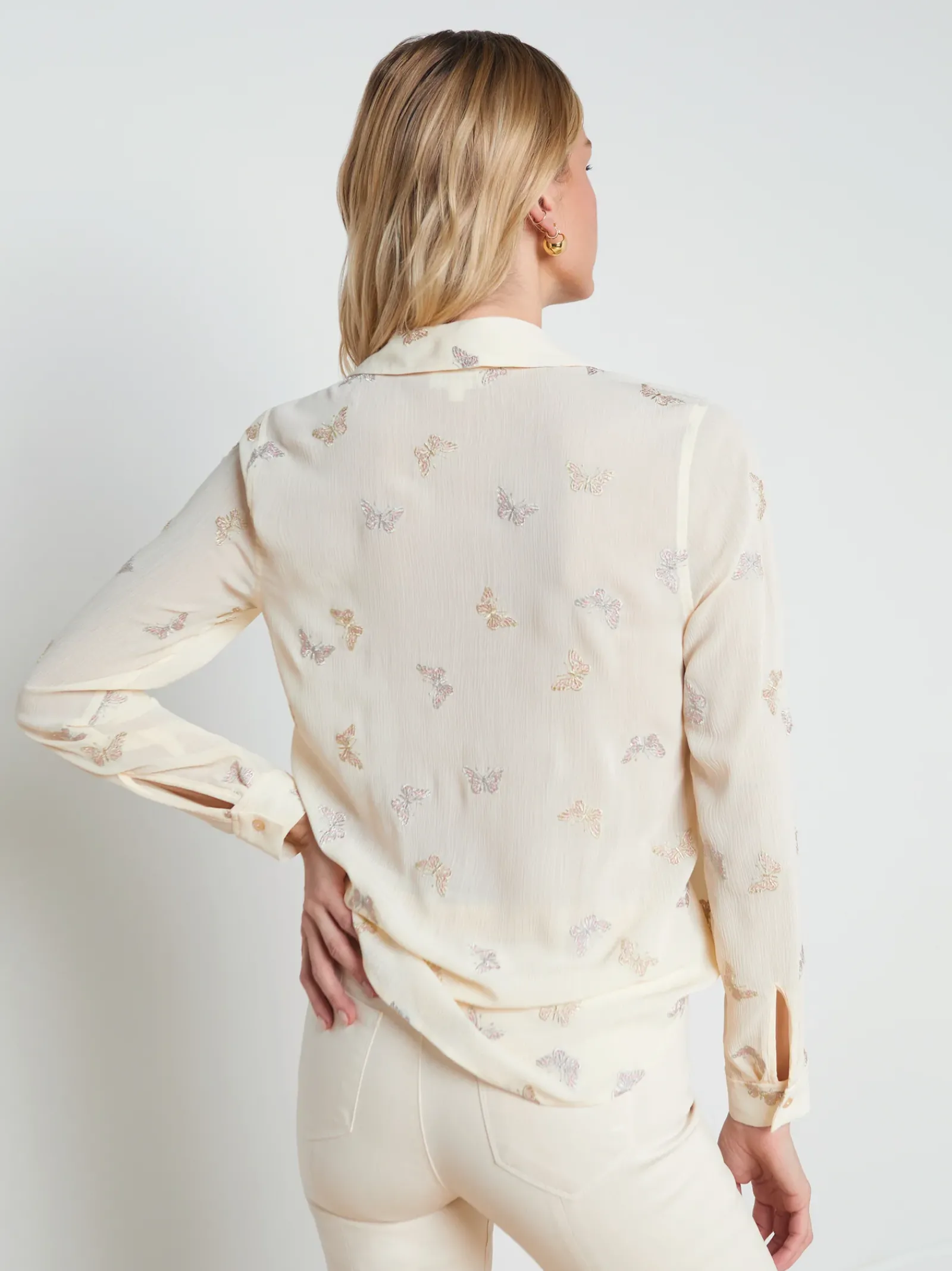 L'AGENCE Print Edition|Spring Collection|Laurent Embroidered Blouse Ecru Multi Small Butterfly Embroidery