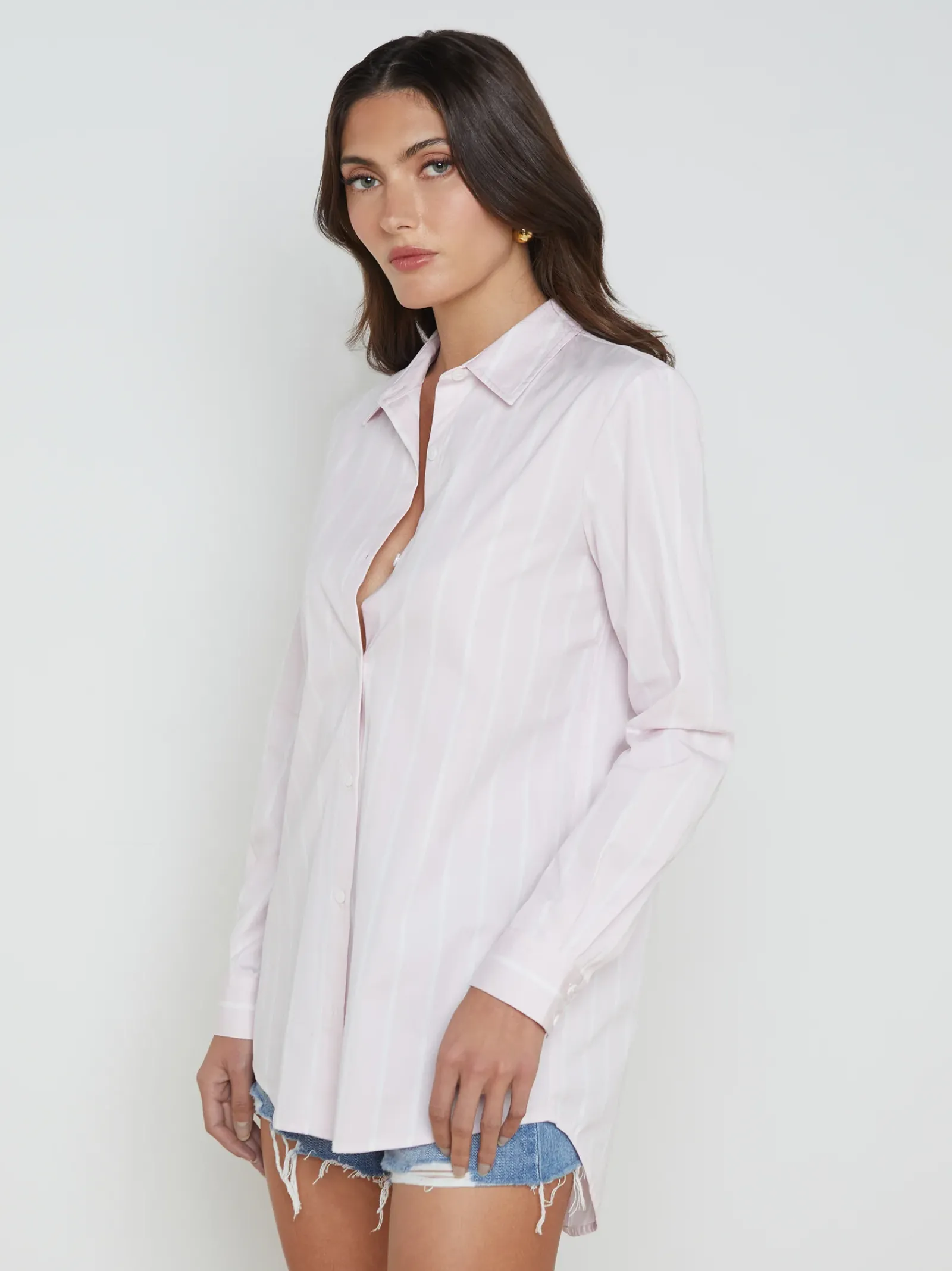 L'AGENCE Spring Collection|Blouses & Tops|Layla Back-Vent Poplin Tunic Lilac Snow/White Stripe