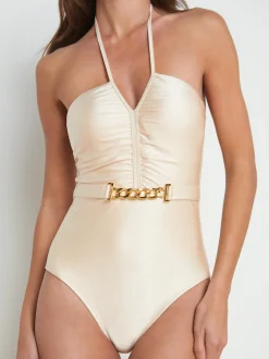 L'AGENCE Spring Collection|Swimwear|Leila Halter One-Piece Swimsuit Champagne