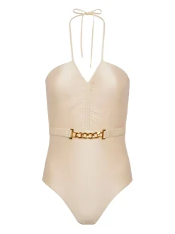 L'AGENCE Spring Collection|Swimwear|Leila Halter One-Piece Swimsuit Champagne