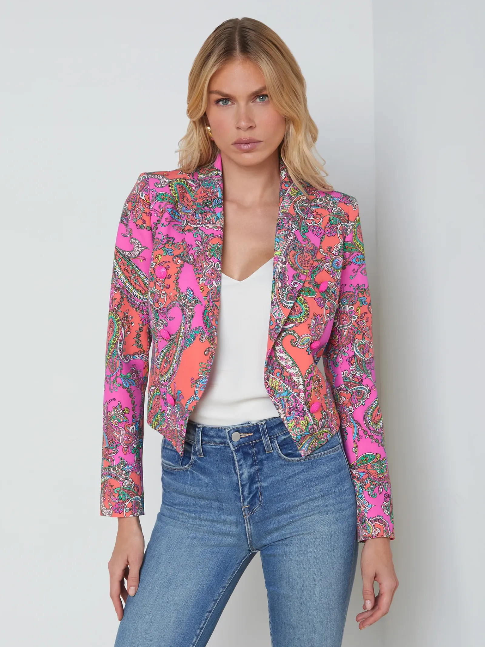 L'AGENCE Print Edition|Spring Collection|Lila Open-Front Blazer Rhodamine Multi Bright Pop Paisley