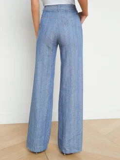 L'AGENCE Sets|Spring Collection|Livvy Linen-Blend Straight Leg Trouser Slate Blue Pinstripe