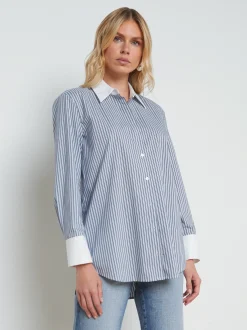 L'AGENCE Spring Collection|Blouses & Tops|Malia Cotton-Blend Tunic Midnight/White Hairline Stripe