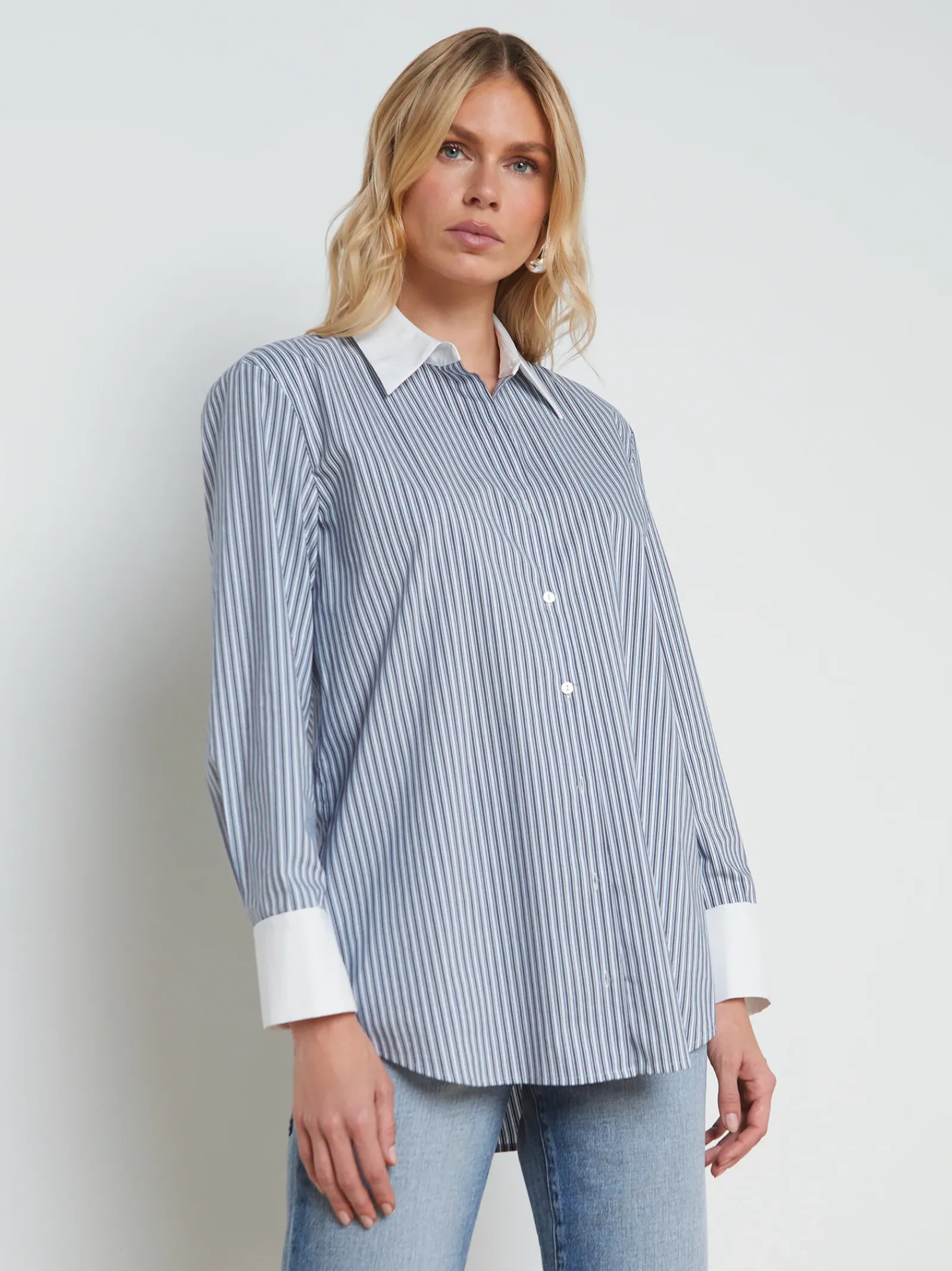 L'AGENCE Spring Collection|Blouses & Tops|Malia Cotton-Blend Tunic Midnight/White Hairline Stripe