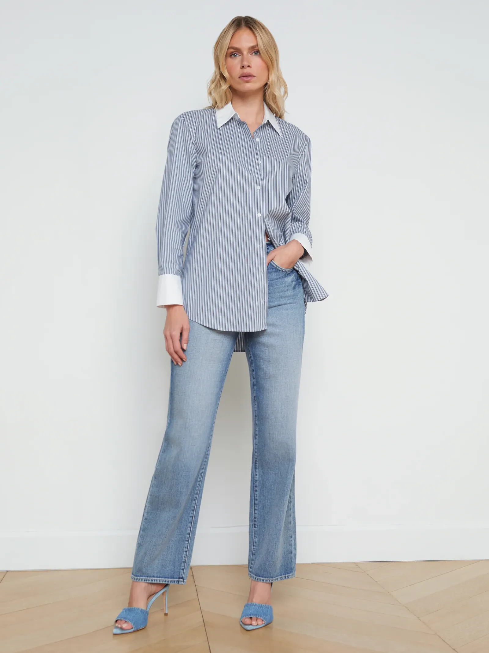 L'AGENCE Spring Collection|Blouses & Tops|Malia Cotton-Blend Tunic Midnight/White Hairline Stripe