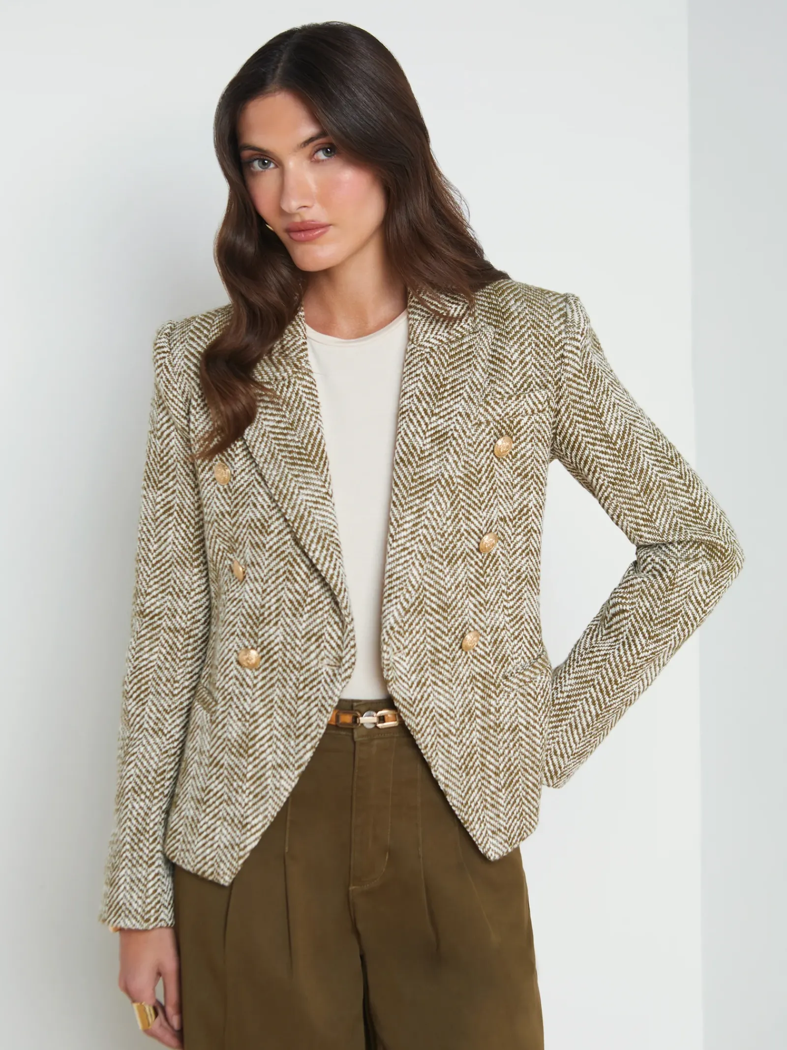 L'AGENCE Spring Collection|Blazers & Jackets|Marie Herringbone Blazer Army/Ecru Herringbone