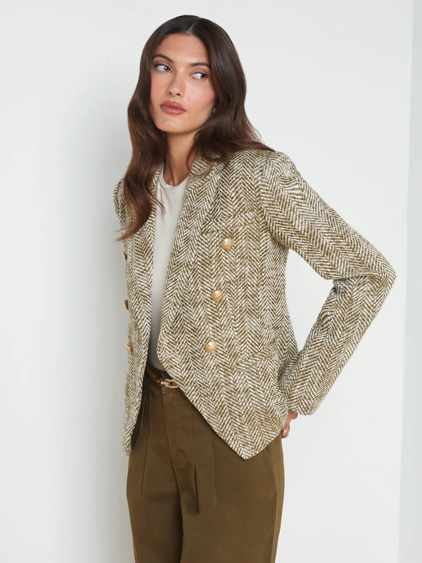 L'AGENCE Spring Collection|Blazers & Jackets|Marie Herringbone Blazer Army/Ecru Herringbone